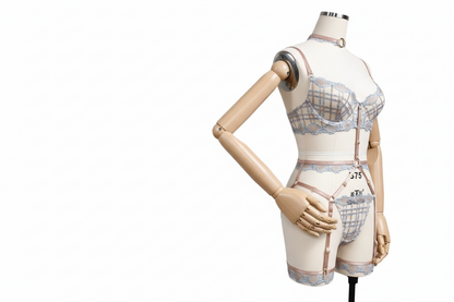 Women's Plaid Mesh Lingerie Bodysuit with Stockings - Sheer Lace Design