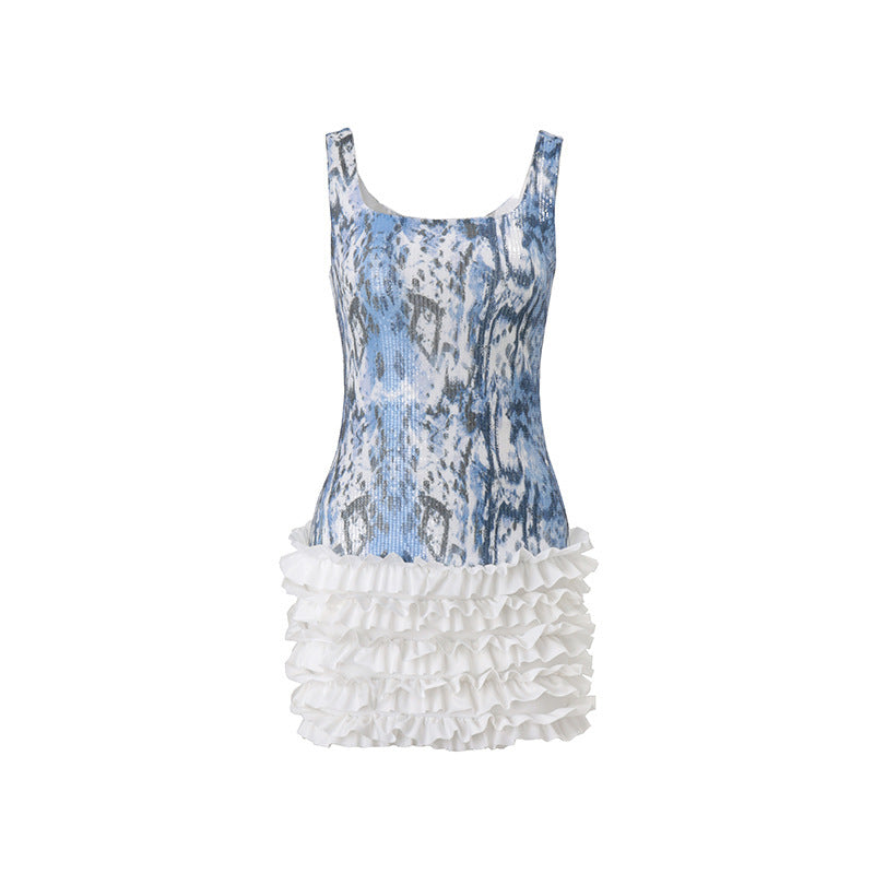 Women's U-Neck Sequin Tassel Mini Dress - High-Waist Party Dress