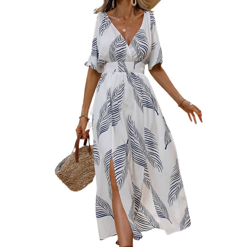 Women's Tropical Floral Print V-Neck Split Dress - Vacation Resort Dress