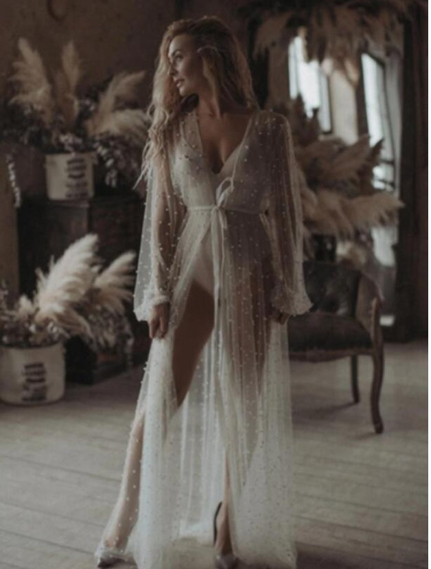 Women's Pearl Mesh Lace Dress - Sheer Long Sleeve Nightgown with Cape
