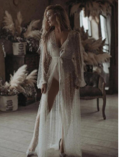 Women's Pearl Mesh Lace Dress - Sheer Long Sleeve Nightgown with Cape