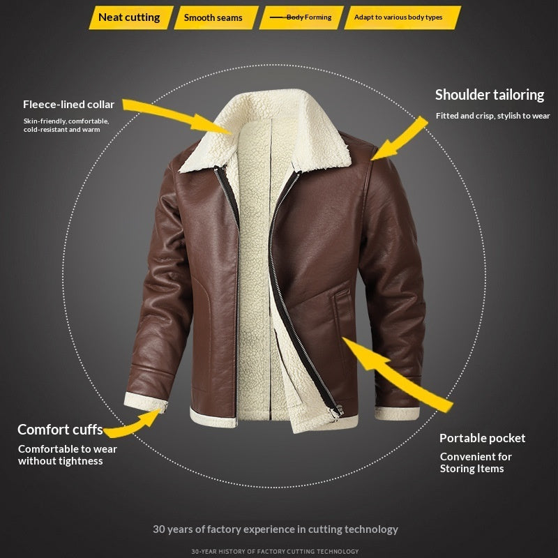 Men's Fleece-Lined Sheepskin Leather Jacket - Genuine Leather Winter Coat