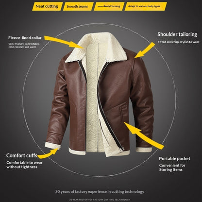 Men's Fleece-Lined Sheepskin Leather Jacket - Genuine Leather Winter Coat