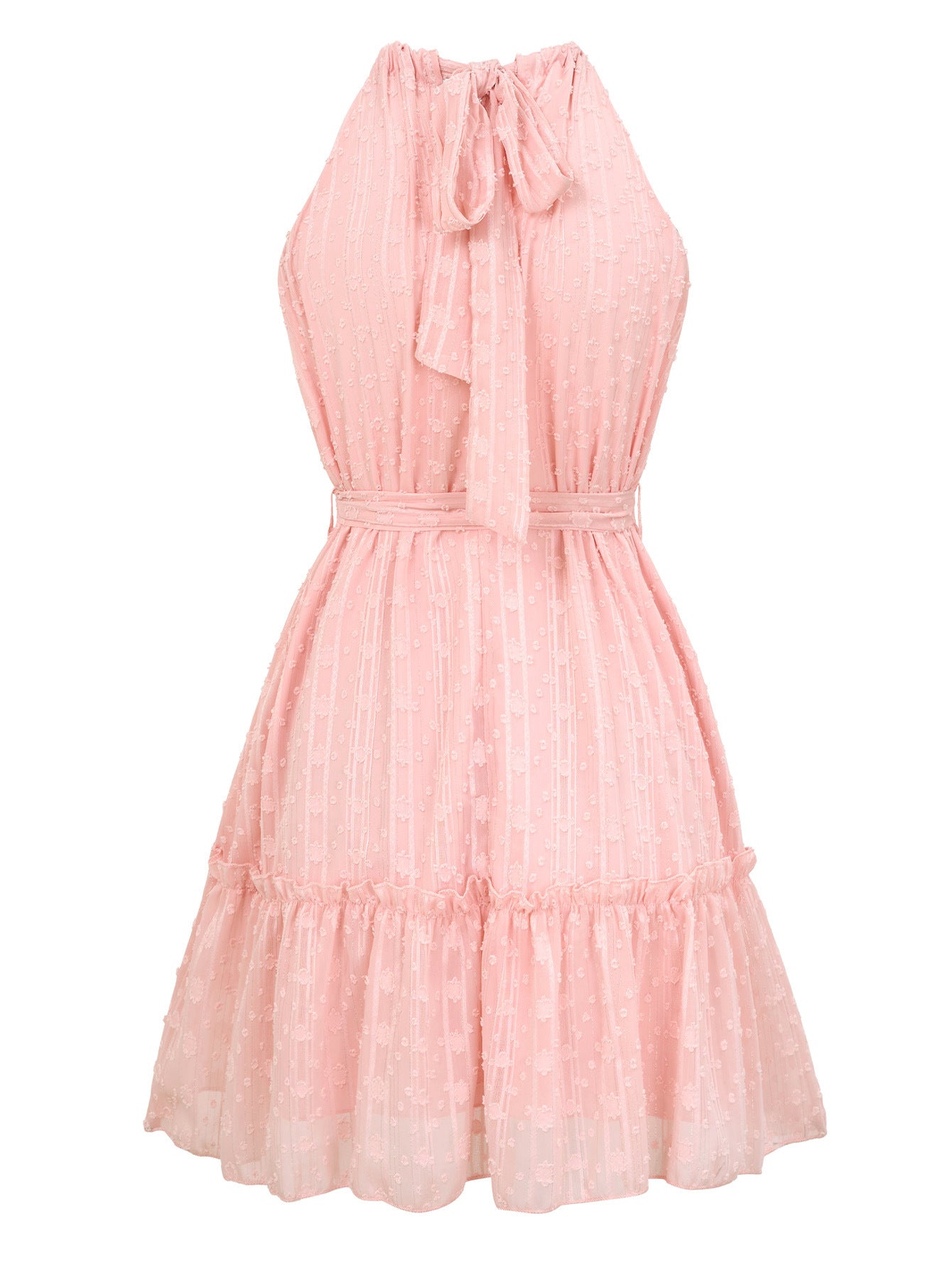 Halterneck Summer Dress - Lace Tie Waist Polyester Beach Dress