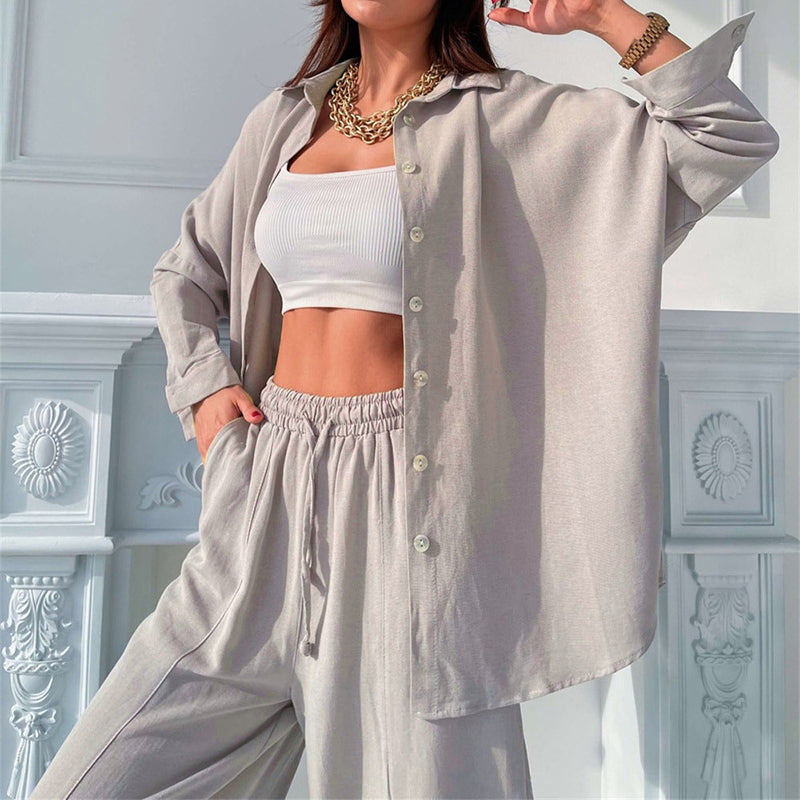 Women's Button Down Lounge Set - Long Sleeve 2-Piece Casual Loungewear with Pockets