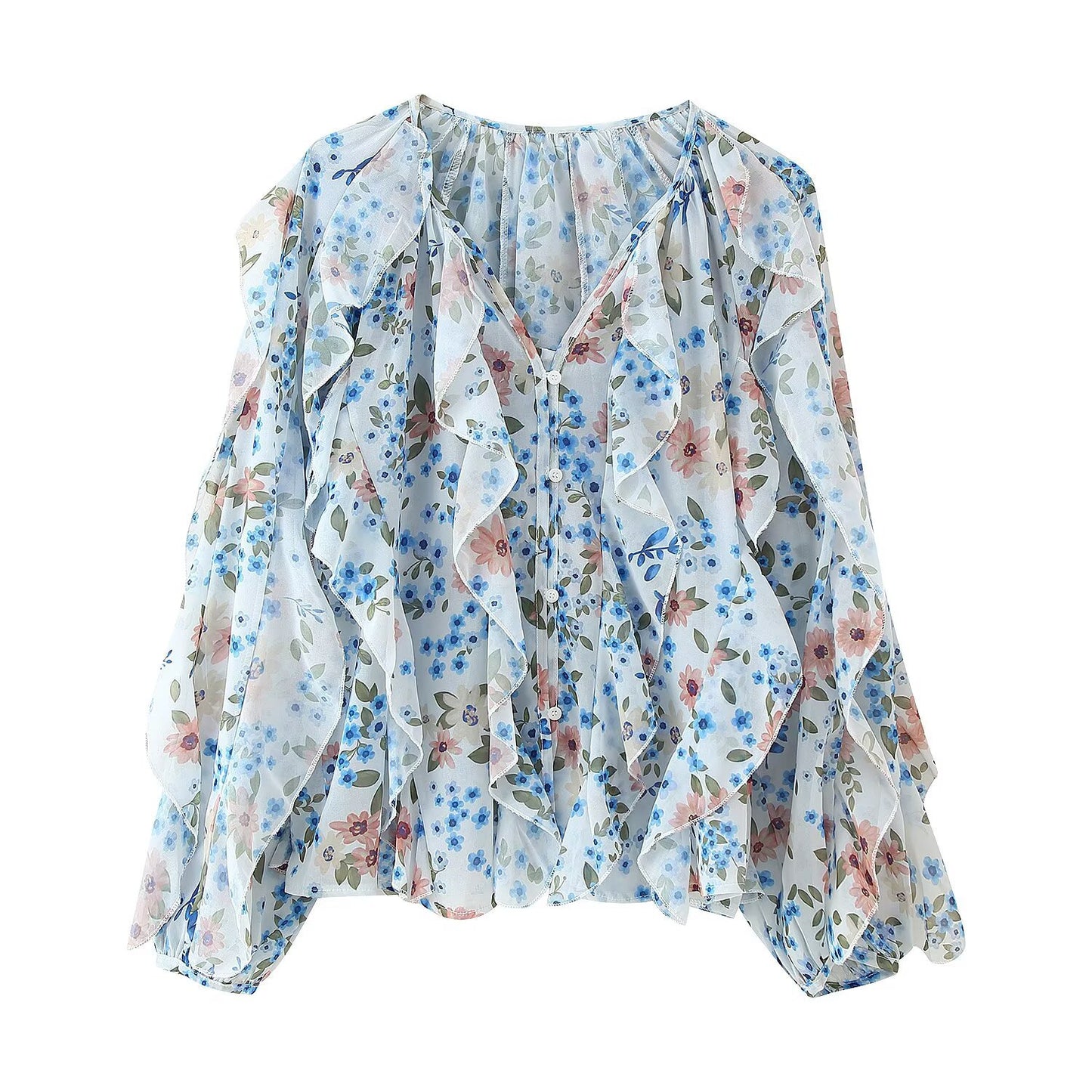 Women's Western-Style V-Neck Layered-Design Blouse - Elegant Long Sleeve Top