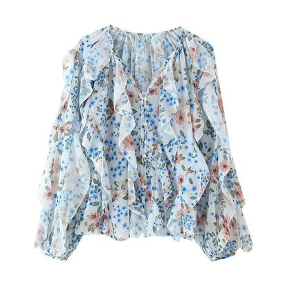 Women's Western-Style V-Neck Layered-Design Blouse - Elegant Long Sleeve Top