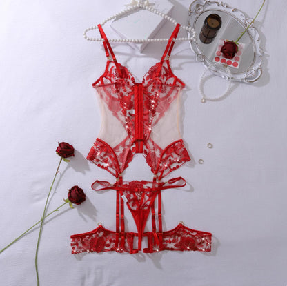Embroidered Lace Lingerie Set - Push-Up Bra and Panties with Gem Detail