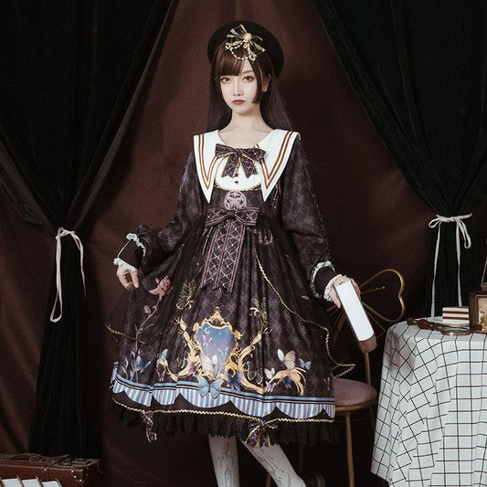 Victorian Lolita Dress - Butterfly Print Puff Skirt with Lace