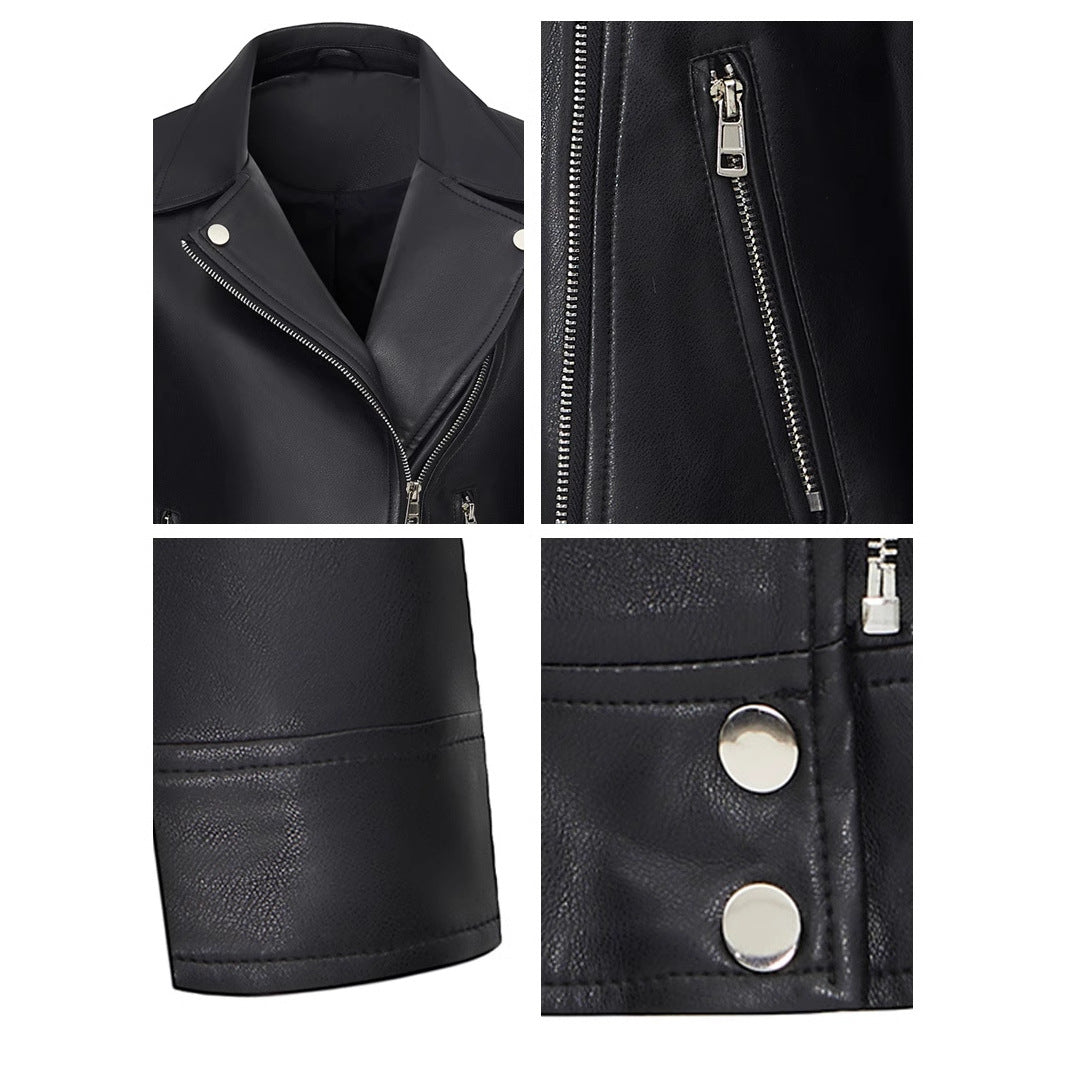 Women's Slim-Fit PU Leather Jacket with Turn-Down Collar