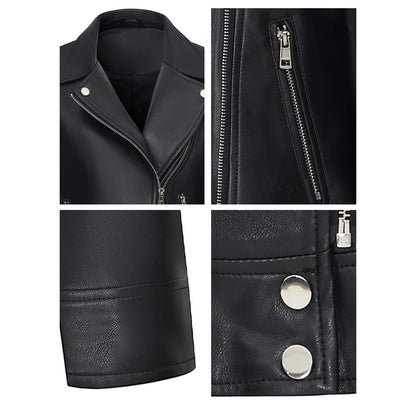 Women's Slim-Fit PU Leather Jacket with Turn-Down Collar