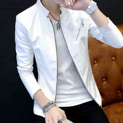 Men's Genuine Leather Stand Collar Jacket - Korean Style Youth Biker Coat