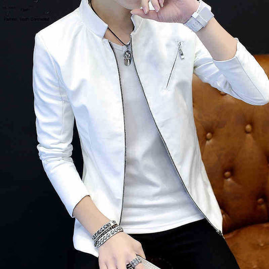 Men's Genuine Leather Stand Collar Jacket - Korean Style Youth Biker Coat