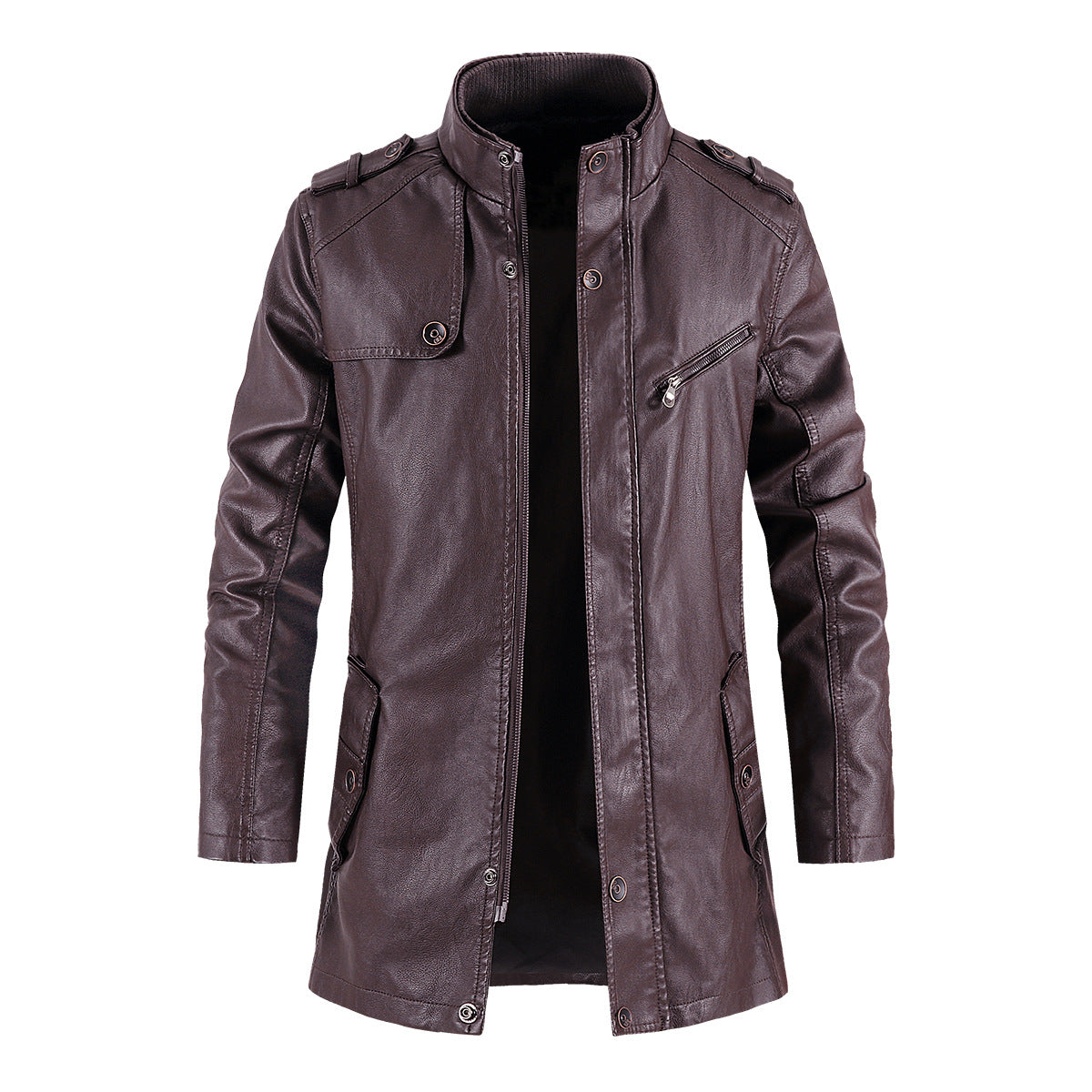 Men's Standing Collar Plush Leather Jacket - PU Leather with Cotton Lining