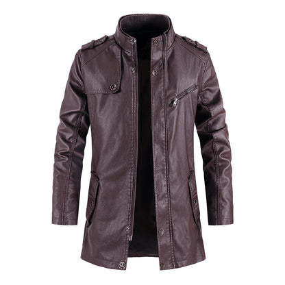 Men's Standing Collar Plush Leather Jacket - PU Leather with Cotton Lining