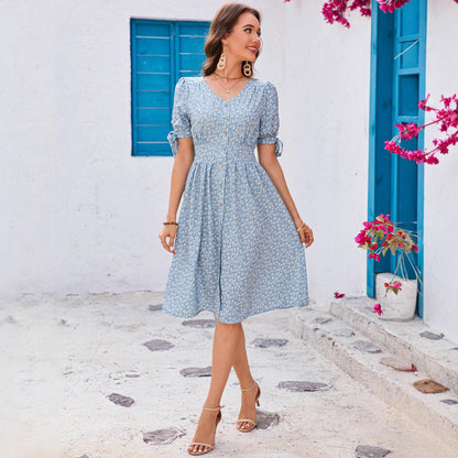 Women's Floral V-Neck Puff-Sleeve Dress - Bow-Trimmed A-Line Midi Dress