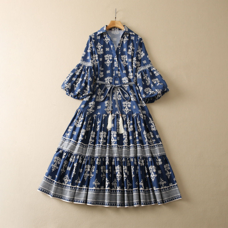 Elegant V-Neck Lantern Sleeve Printed Dress - Cotton Silk Blend