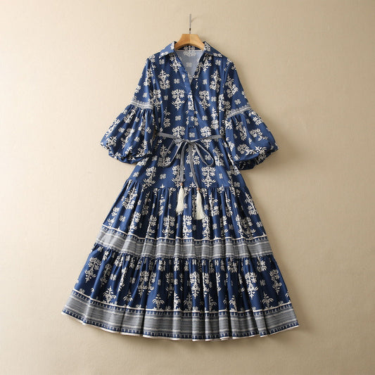 Elegant V-Neck Lantern Sleeve Printed Dress - Cotton Silk Blend
