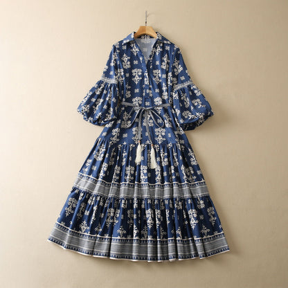 Elegant V-Neck Lantern Sleeve Printed Dress - Cotton Silk Blend