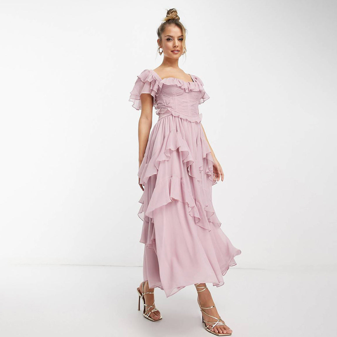 Women's Summer Ruffled Short-Sleeve Backless Square Neck Maxi Dress