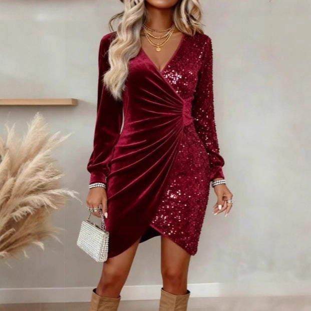 V-Neck Sequin Velvet Bodycon Dress - Long Sleeve Pencil Dress