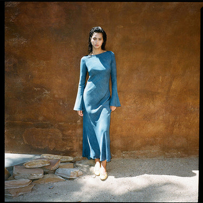 Silk Sun Protection Midi Dress - V-neck Long Sleeve A-line