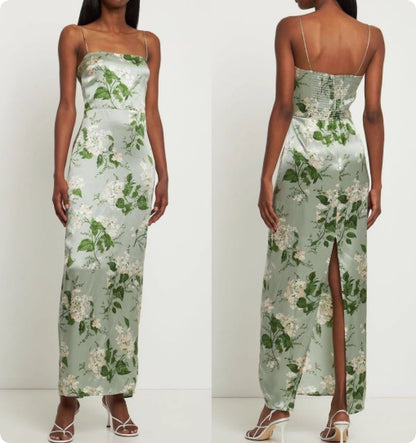 Women's Mulberry Silk Maxi Dress - Spaghetti Strap Floral Vacation Dress