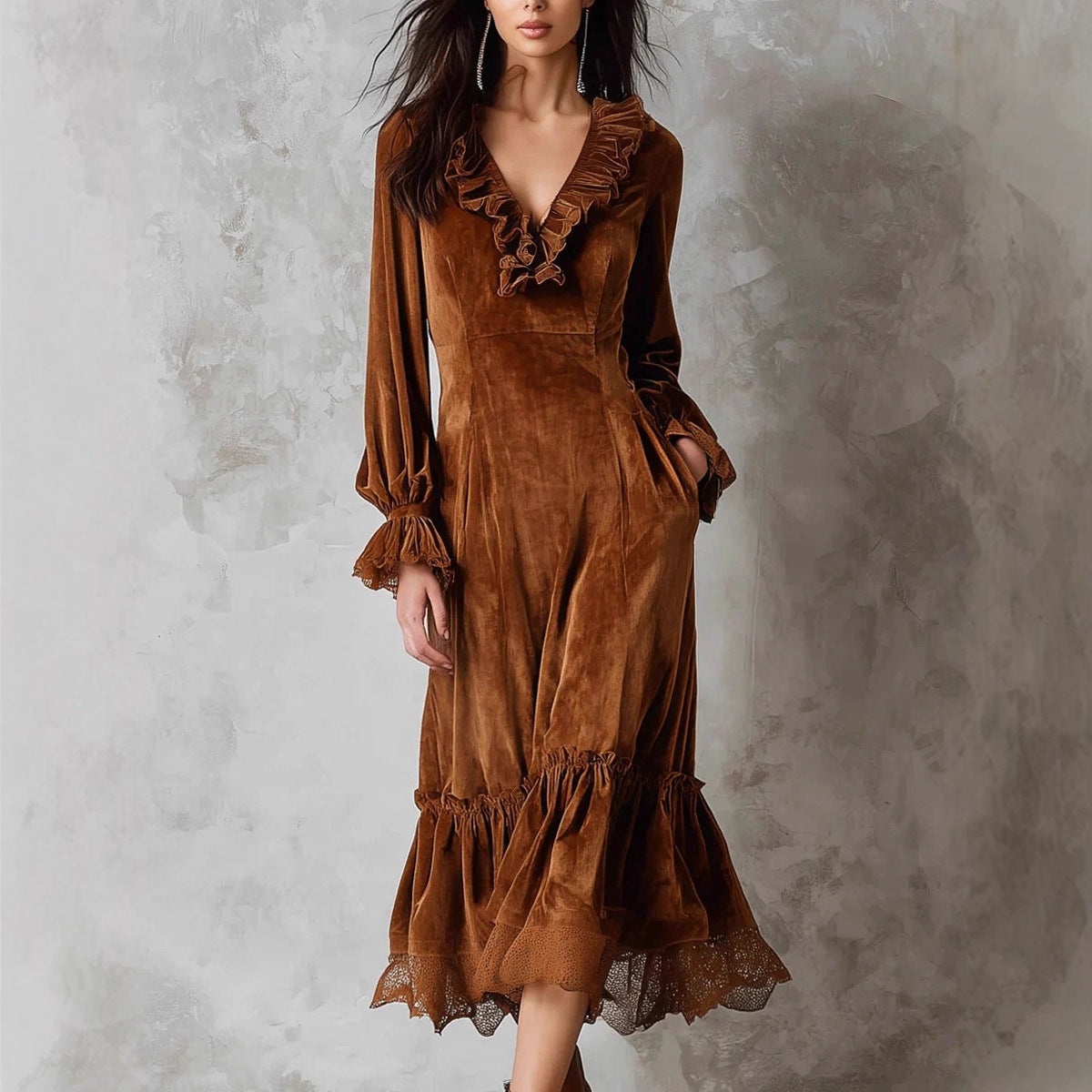 Women's Velvet Ruffle Dress with V-Neck - High Waist Long Sleeve Bell Sleeve Dress