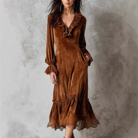 Women's Velvet Ruffle Dress with V-Neck - High Waist Long Sleeve Bell Sleeve Dress