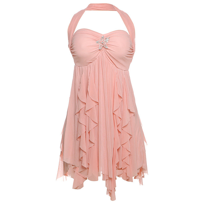 Halter Neck Backless Dress - Printed Irregular Mesh Short Dress for Summer