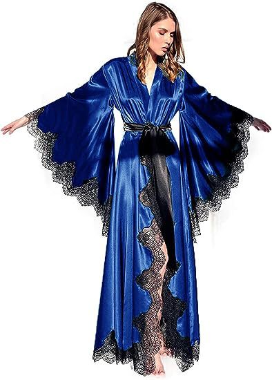 Women's Long Satin Bridal Robe with Lace Trim - V-Neck Wrap Sleepwear