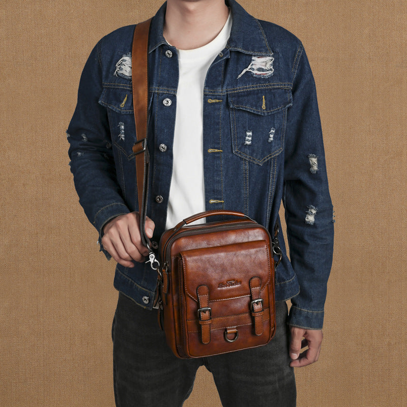 Genuine Leather Men's Shoulder Bag - Hand-Rubbed Top-Grain Cowhide Crossbody Messenger Bag
