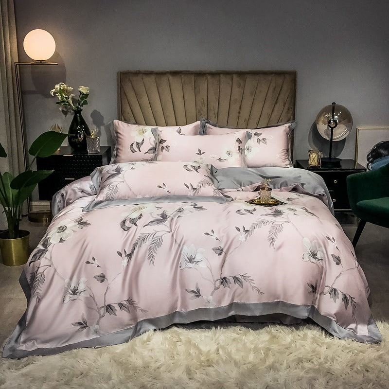 Double-Sided Ice Silk 4-Piece Bedding Set - Tencel Reactive Printed with Quilt Cover, Sheet, and 2 Pillowcases