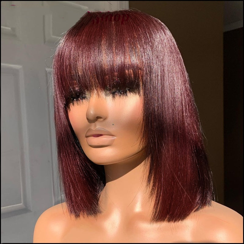 Women's Human Hair Wig with Bangs - Natural Short Hair Wig