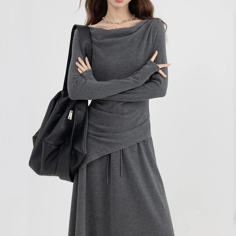 Women's Casual Asymmetrical Top and Off-the-Shoulder Skirt Set - Elegant Commute Style