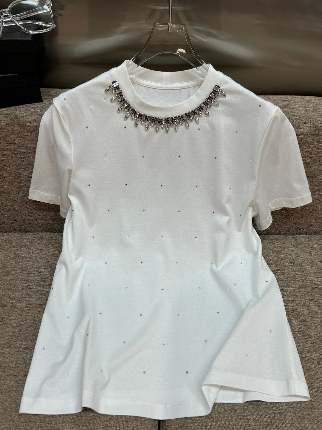 Women's Rhinestone Embellished Cotton T-Shirt - Round Neck Short Sleeve Top