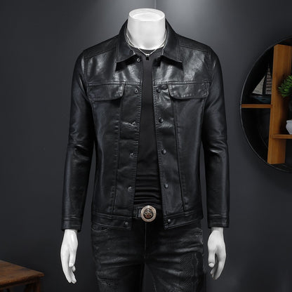 Men's Motorcycle PU Leather Jacket - Long Sleeve Lapel Coat