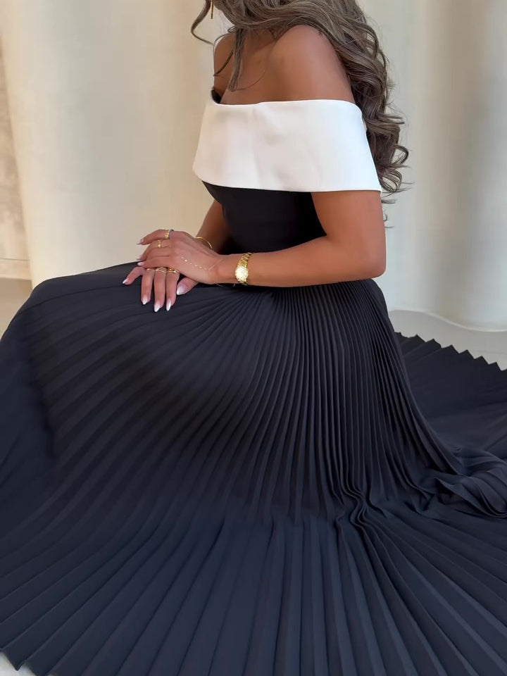 Off-Shoulder Contrast Pleated Dress - Elegant Maxi Dress for Daily and Party Wear