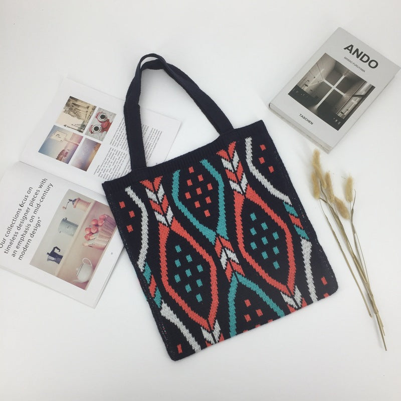 Striped Woven Tote Bag - Large Capacity Polyester Shoulder Bag