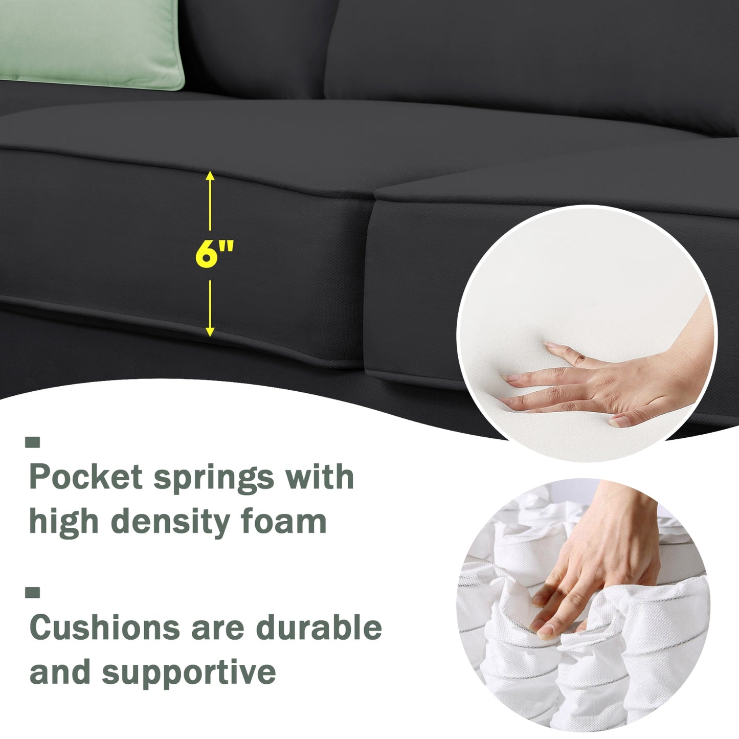7-Seat Modular L-Shaped Sectional Sofa Set with Ottoman - 112" x 87" Black Polyester Fabric