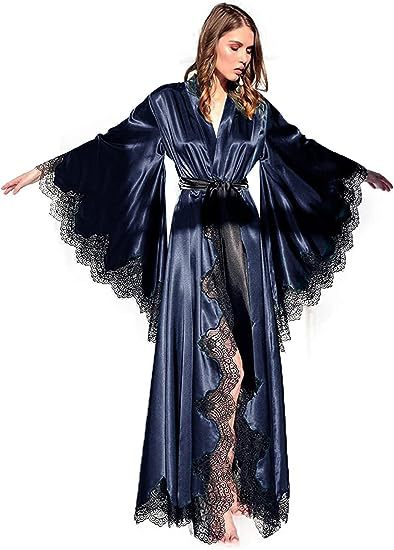 Women's Long Satin Bridal Robe with Lace Trim - V-Neck Wrap Sleepwear