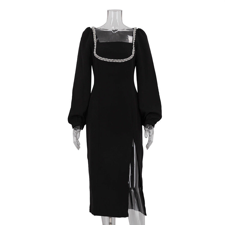 Crystal Embellished Square Neck Bodycon Dress - Long Sleeve Split Hem Evening Dress