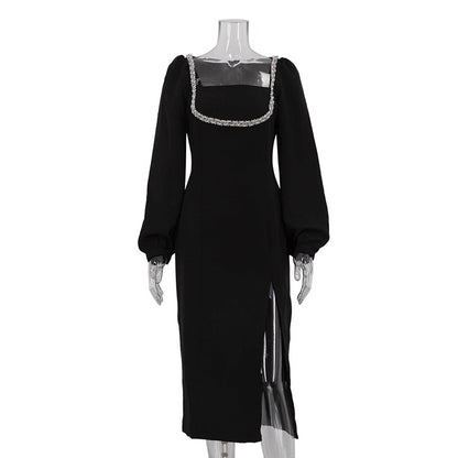 Crystal Embellished Square Neck Bodycon Dress - Long Sleeve Split Hem Evening Dress