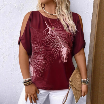 Women's Feather Print Off-Shoulder Top - Relaxed Fit Short Sleeve Pullover