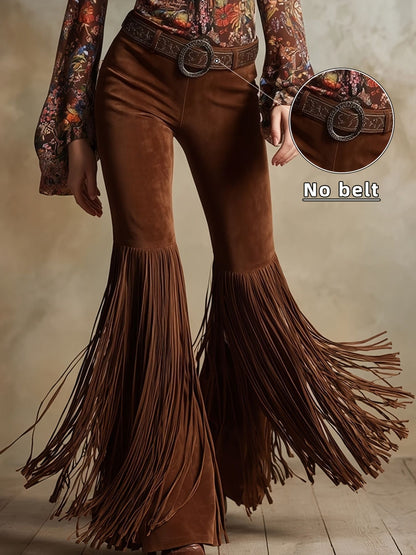 Women's Retro Western Fringe Suede-Look Pants - High Waist Tassel Trousers