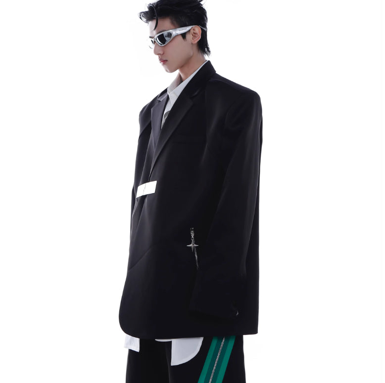 Ice Silk Padded Shoulder Suit Jacket - Zipper Stitching Detail