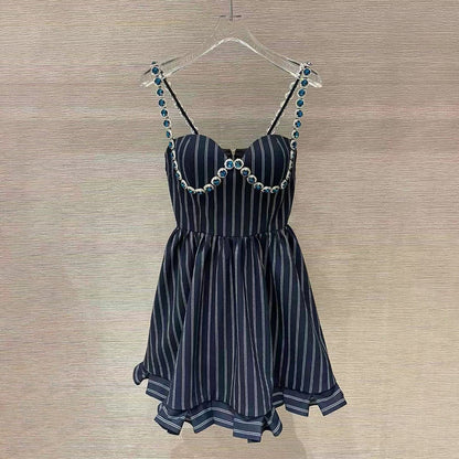 Diamond-Studded Striped Halter Dress - A-Line Ruffled Waist Skirt