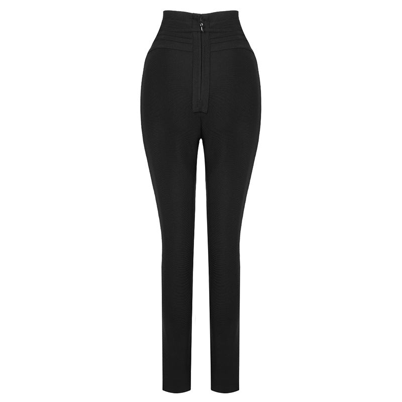 High-Waist Elastic Bandage Leggings - Cropped Solid Color Pants