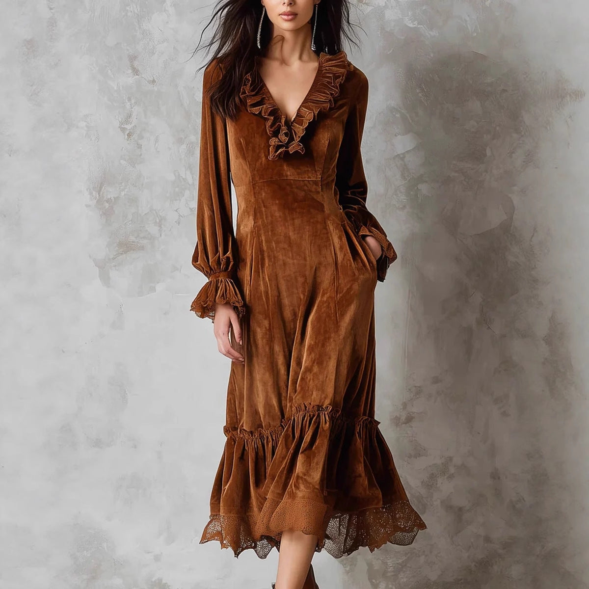 Women's Velvet Ruffle Dress with V-Neck - High Waist Long Sleeve Bell Sleeve Dress