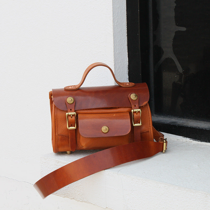 Vegetable-Tanned Head Layer Cowhide Leather Messenger Bag - European American Retro Style